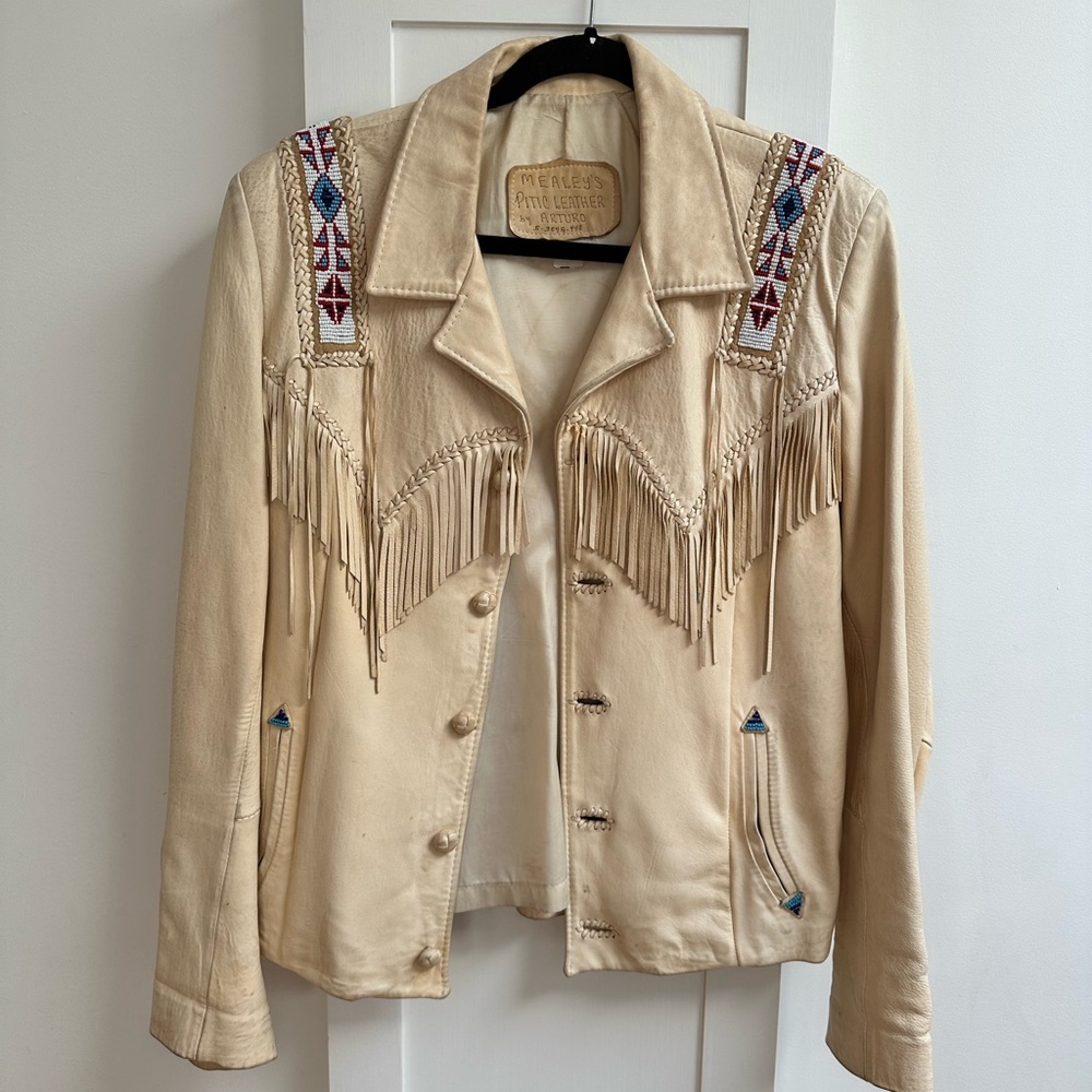 Vintage leather fringe jacket with hand sewn bead details
